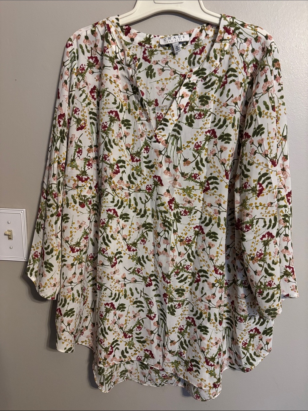 Chaus Cream blouse with Green Leaf & Pink Floral Print